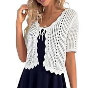 Kate Kasin Damen Eleganter Kurzärmliger Cardigan mit V Ausschnitt Einfarbiger Pullover mit Hohler Textur Weiß 2XL