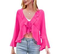 Kate Kasin Damen Langarm V-Ausschnitt Bolero Chiffon Front Neck Tie Ruffle Shrug Rose Rot M