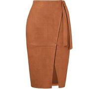 Kate Kasin Damen Midi-Rock aus Faux-Suede, hoch tailliert, Wickel-Design, Plus-Size, figurbetont, seitlicher Bindegürtel, elegant Braun XL