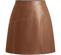 Kate Kasin Damen Minirock Lederrock PU Hohe Taille A-Linie Wickelrock Herbst Winter Frontschlitz Kurzer Rock mit Taschen Braun S