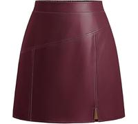 Kate Kasin Damen Minirock Lederrock PU Hohe Taille A-Linie Wickelrock Herbst Winter Frontschlitz Kurzer Rock mit Taschen Wein S