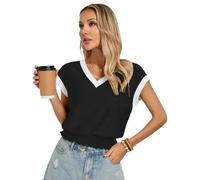 Kate Kasin Damen Pullover Top V-Ausschnitt Kurzarm Strukturierte Bluse Kontrastbesatz Gesmokter Saum Elastische Taille Shirt Casual Sommer Damen Oberteile Schwarz XXL
