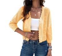Kate Kasin Damen Strickjacke Bolero Frühling Sommer Leichtes Cropped V-Ausschnitt Shrug Crochet Cardigans für Kleid Gelb L