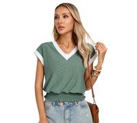 Kate Kasin Damen V-Ausschnitt Top Kurzarm Strukturierte Bluse Kontrastbesatz Gesmokter Saum Elastische Taille Pullover Shirt Sommer Casual Damen Oberteile Grün XL