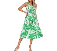 Kate Kasin Women's Casual Summer Sundress Sleeveless U-Neck Floral Print Elastic Waist A-Line Midi Dress Mid-Calf Length Soft Material Grün Floral XL