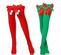 KATELUO 2 Paar Weihnachten Schleifenstrümpfe,Weihnachten Kniestrümpfe,Weihnachten Überkniestrümpfe,Kniehohe Weihnachtssocken für Frauen,Rot und Grün