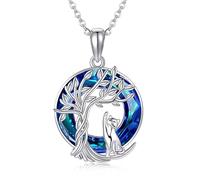 Katze Kette Baum des Lebens mit Blauen Kreis Kristall Niedlich Echte 925 Sterling Silber Katze Anhänger Kette für Damen Mädchen Schmuck Geschenke für Katzenliebhaber