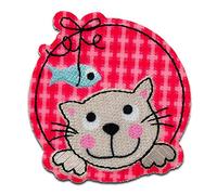 Katze mit Fisch Tier - Aufnäher, Bügelbild, Aufbügler, Applikationen, Patches, Flicken, zum aufbügeln, Größe: 5,8 x 5,6 cm