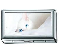 Katzen Augen Blick Weiß Tiere Kätzchen Kätzchen Baby Zigarettenetui / -schachtel Visitenkartenetui Edelstahlgehäuse Silber Metall Geldbörse Schutz