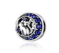 Katzen-Charm, 925er-Sterlingsilber, Tier, Stern, Mond, Blau, Zirkonia, kompatibel mit Pandora-Armband und Halskette