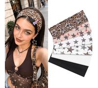 Kavya Stirnband Damen Sport 6er Pack, rutschfest Soft Haarband, Elastisch Haarbänder Stern Niedliche Leopardenmuster Headband für Yoga Fitness Workout Laufen Gym, Y2K-Stil Haarschmuck (Braun)