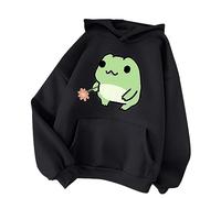 Kawaii Frosch Hoodie für Damen Teenager Mädchen Langarm Lose Fleece Kapuzenpullover Hooded Pocket Sweatshirt Cartoon Kapuzenpullover Oberteil Sport Streetwear Sweatshirts Herbst Winter (Black, XL)