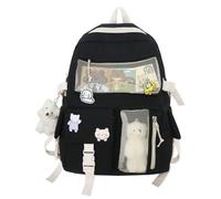 Kawaii Rucksack für Mädchen, niedlich ästhetischen Rucksack mit Pin Zubehör Plüsch Anhänger für Schule Mädchen Bookbag (schwarz,Einheitsgröße)