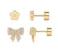 KBRPEY 2 Stück 14K Vergoldetes Ohrringe Set Zirkonia Ohrstecker im Schleifen und Blumen Design Hypoallergener Schmuck und Earrings für Damen