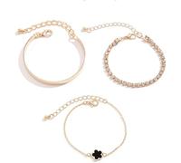 KBRPEY 3 Stück Armband Damen Fünfblättriges Kleeblatt Armbänder Set Glücksarmband 14 Karat Vergoldet Armbänder Damen Mit Cubic Zirkonia Verstellbare Armband Schmuck für Damen (Schwarz)