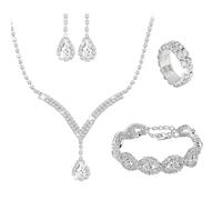 KBRPEY 4 Stück Brautschmuck Set Damen Mädchen Braut Halskette Tropfen Anhänger Ohrringe Ring Strass Armband Set Strass Kristall Hochzeit Schmuck Set Strass Halskette Hochzeit Party (Silber)