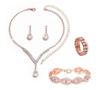 KBRPEY 4 Stück Brautschmuck Set Damen Mädchen Braut Halskette Tropfen Anhänger Ohrringe Ring Strass Armband Set Strass Kristall Hochzeit Schmuck Set Strass Halskette Hochzeit Party (Roségold)