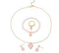 KBRPEY 4 Stück Herz Schmuckset Perlenarmband Halskette Ohrringe Ring Damen Schmuck Herzanhänger Perlenschmuck Juwelenset Rosegold Elegantes Accessoire