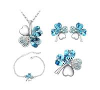 KBRPEY 4 Stück Kleeblatt Schmuckset Kristall Halskette Ohrringe Armband Ring Damen Schmuck Glücksbringer Accessoires