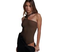 KBRPEY Damen Body Ärmellos Asymmetrisch Bodysuit Neckholder Figurbetont Bodys Elegant Shapewear Unterziehbody Tanga Stretch Rippstoff Tanktop Tops Shaper Alltagskleidung