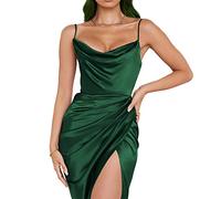 KBRPEY Damen Sexy Bodycon Maxikleid Cami Figurbetontes Kleid, Damen Spaghettiträger Midikleid Asymmetrisch Figurbetontes Ärmelloses Kleid Enger Sommerkleid Partykleid mit Schlitz (Dunkelgrün L)