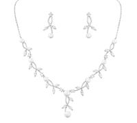 KBRPEY Hochzeit Schmuckset Damen Halskette Armband Ohrringe in Form Eines Blattes mit Perlen und Zirkonia Hochzeitstag Geschenke für Braut Frauen