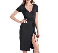KBRPEY Kurzärmelige Kleid Damen Sommerkleid Vausschnitt Wickeloptik Kleider Knielang Cocktailkleid Elegant Partykleid mit Schlitz Abendkleid Bodycon Sommerkleid für Hochzeitsgast Festlich