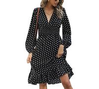 KBRPEY Langarm Kleid Damen V Ausschnitt Kleid Elegant Rüschensaum Freizeitkleider Polka Dots Kleid Damen Lange Ärmel Midikleid Abendkleid Fließende Korsettkleider(Black L)