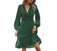 KBRPEY Langarm Kleid Damen V Ausschnitt Kleid Elegant Rüschensaum Freizeitkleider Polka Dots Kleid Damen Lange Ärmel Midikleid Abendkleid Fließende Korsettkleider(Green M)