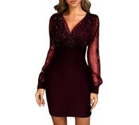 KBRPEY Mini Langarm Kleid Damen Elegante Pailletten Kleid Kurze Eng Spitzen Kleider Abendkleid Damen Figurbetontes Lange Ärmel Partykleid Moden Hohe Taille Wickelkleider(Weinrot XXL)