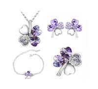 KBRPEY 4 Stück Kleeblatt Schmuckset Kristall Halskette Ohrringe Armband Ring Damen Schmuck Glücksbringer Accessoires