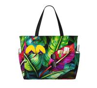 KCGSDEGV Bunte Strandtasche mit tropischem Blattmuster, wasserdichte Handtaschen, Schultertaschen mit Reißverschluss und Tasche für Reisen, Schule, Arbeit, Einkaufen, Schwarz , Einheitsgröße