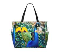KCGSDEGV Schöne Strandtasche mit Pfauenmotiv, wasserdichte Handtaschen, Schultertaschen mit Reißverschluss und Tasche für Reisen, Schule, Arbeit, Einkaufen, Schwarz , Einheitsgröße