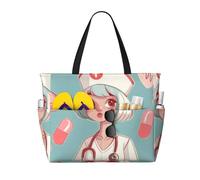 KCGSDEGV Süße Krankenschwester-Strandtasche für Damen, wasserdichte Handtaschen, Schultertaschen mit Reißverschluss und Tasche für Reisen, Schule, Arbeit, Einkaufen, Schwarz , Einheitsgröße