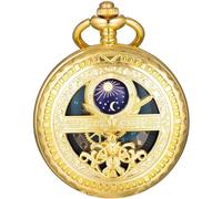 Kchss Hollow Moon Mechanische Taschenuhr Halskette Anhänger Geschenk für Männer Männer Mondphase Mechanische Taschenuhr Römisches Digitales Zifferblatt mit Kette Geschenk Gold