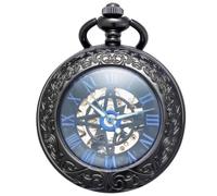 Kchss Mechanische Taschenuhr, für Herren und Damen, spezielle Lupe, halber Jäger, graviertes Gehäuse, römische Ziffern mit Kette, B-b Kompass, Schwarz, Blau