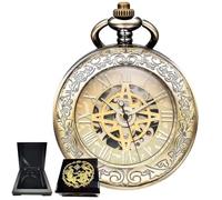 Kchss Mechanische Taschenuhr, für Herren und Damen, spezielle Lupe, halber Jäger, graviertes Gehäuse, römische Ziffern mit Kette