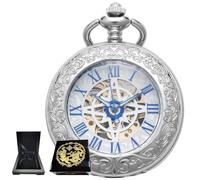 Kchss Mechanische Taschenuhr, für Herren und Damen, spezielle Lupe, halber Jäger, graviertes Gehäuse, römische Ziffern mit Kette, B-f. Kompass, Silber, Blau + Holzbox