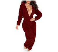 KDEIHT Jumpsuit Damen Teddy Fleece Einteiler Overall Anzug Flauschig Schlafanzug Winter Warm Onesie Plüsch Lange Hausanzug mit Kapuze Pyjama Weich Kuschelig One-Piece Teddyfleece Jumpsuit