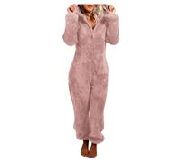 KDEIHT Jumpsuit Damen Teddy Fleece Overall Kuschelig Warm Einteiler Onesie Winter Flauschig Schlafanzug Plüsch Hausanzug mit Kapuze Pyjama Lang Schlafoverall Elegant Anzug Einfarbig Loungewear