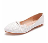 Kdtoll Brautschuhe Ivory Hochzeitsschuhe Flach Damen Spitze Lace Satin Pumps