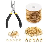 Keadic 102Pcs 30 Feet Schmuck machen Ketten Kit W 3mm Metall Halskette verdreht Links Kette, Karabinerhaken, offene Sprung Ringe und Schmuck Zangen für Armband Ohrring Fußkettchen DIY (Gold)