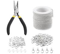 Keadic 102Pcs 30 Feet Schmuck machen Ketten Kit W 3mm Metall Halskette verdreht Links Kette, Karabinerhaken, offene Sprung Ringe und Schmuck Zangen für Armband Ohrring Fußkettchen DIY (Silber)