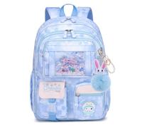 KEBEIXUAN Schulrucksack Mädchen Grundschule, Kawaii Kinderrucksack für 1.-4. Klasse, 26L Schultasche Leicht & Wasserabweisend inkl. Hasen-Anhänger (Blau)