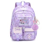 KEBEIXUAN Schulrucksack Mädchen Grundschule, Kawaii Kinderrucksack für 1.-4. Klasse, 26L Schultasche Leicht & Wasserabweisend inkl. Hasen-Anhänger (Lila)