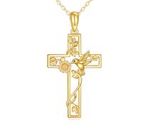 KECHO 14 Karat Gold Sonnenblumen Kolibri Halskette Kreuz Anhänger Echtgold Schmuck Geschenk für Damen