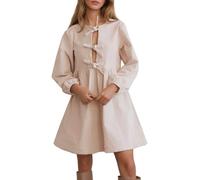 Kedera Damen Babydoll Cordkleid Lange Puffärmel Fliege Vorne Rüschen A-Linie Minikleider Winter 2025, Blush Beige, Mittel