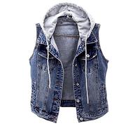 Kedera Damen Distressed ärmellose Denim Weste mit abnehmbarem Hoodie, dunkelblau, Large