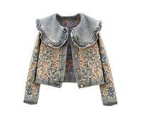 Kedera Damen Jacquard-Jeansjacke, langärmelig, Peter-Pan-Kragen, florales Crop-Jeans-Jackett, Button-Down-Denim-Shacket, Blau, XL