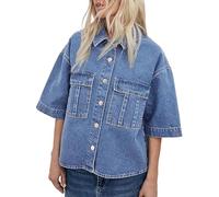 Kedera Denim-Hemd für Damen, mit Knopfleiste, lässiger Kragen, kurze Ärmel, Westerntasche, klassisches Jeanshemd, Hell, blau, X-Groß